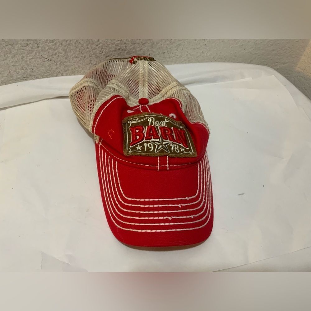 Boot Barn one size red official mesh trucker Cap faux worn out look